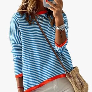 Blue and White Striped Sweater with Orange Accents